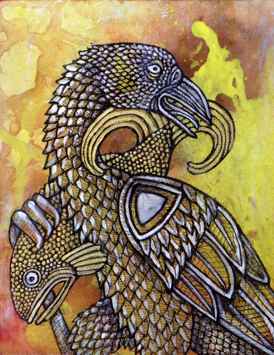 Original Mixed Media Painting / Tribal Bird and Fish Animal Art