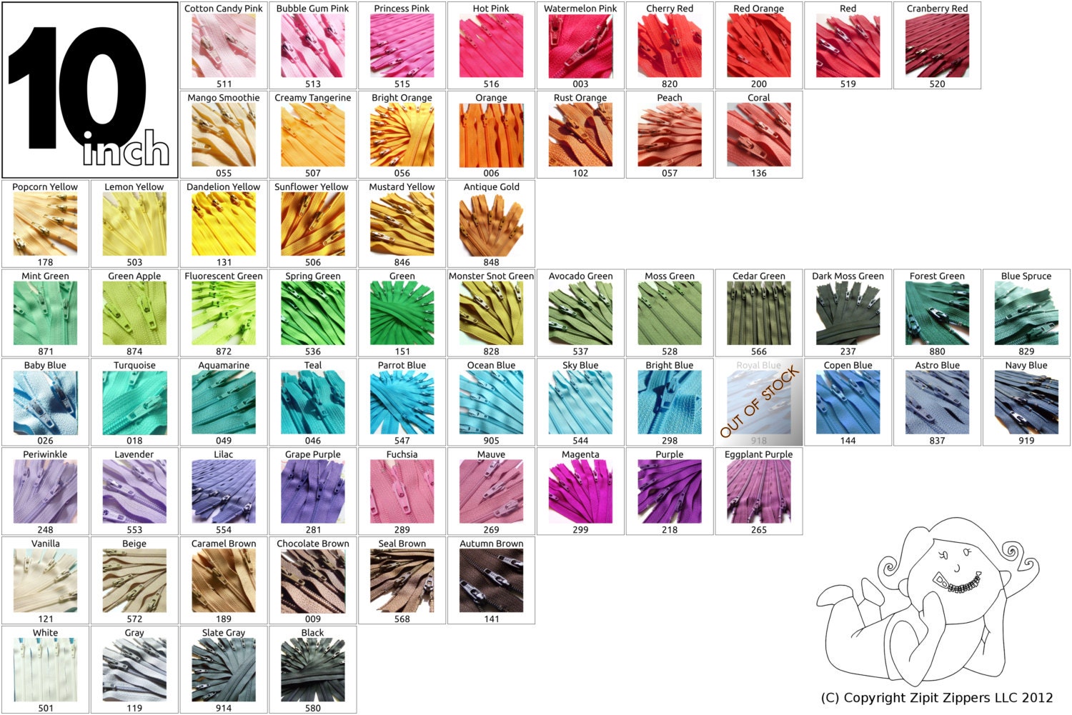 Your Choice of 100 YKK Brand 10 Inch Zippers Mix and Match red orange yellow green blue purple pink black white grey brown