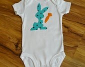 Teal & Brown Polka Dot Easter Bunny with Carrot Iron On Applique