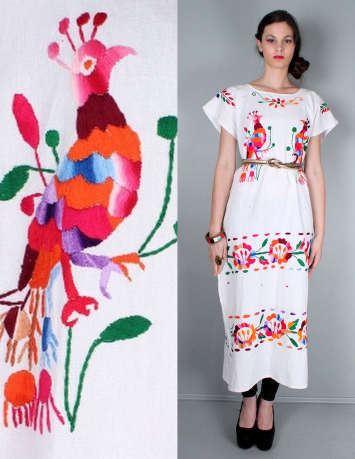 70s Floral and Bird Embroidered Oaxacan Mexican Vintage Wedding Dress - SMALL MEDIUM LARGE - Festival, Hippie, 1970s, Bohomian, Peasant