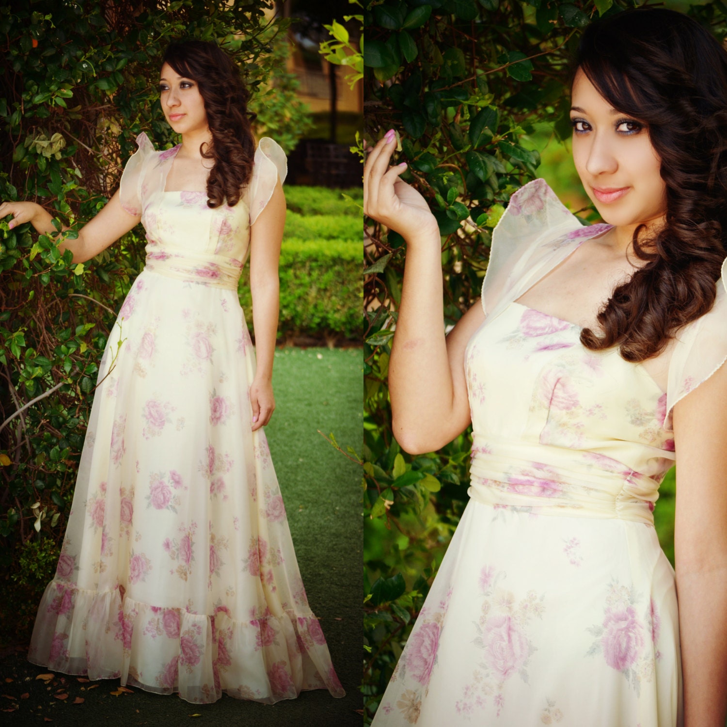 Vintage 60s Roses and Ruffles Vintage Boho Wedding Dress- Mad Men, Prom, Eco Friendly, Festival