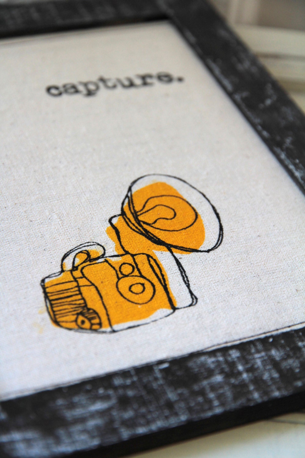 Linocut print / Screenprint - 5" x 7" capture camera fabric print - yellow