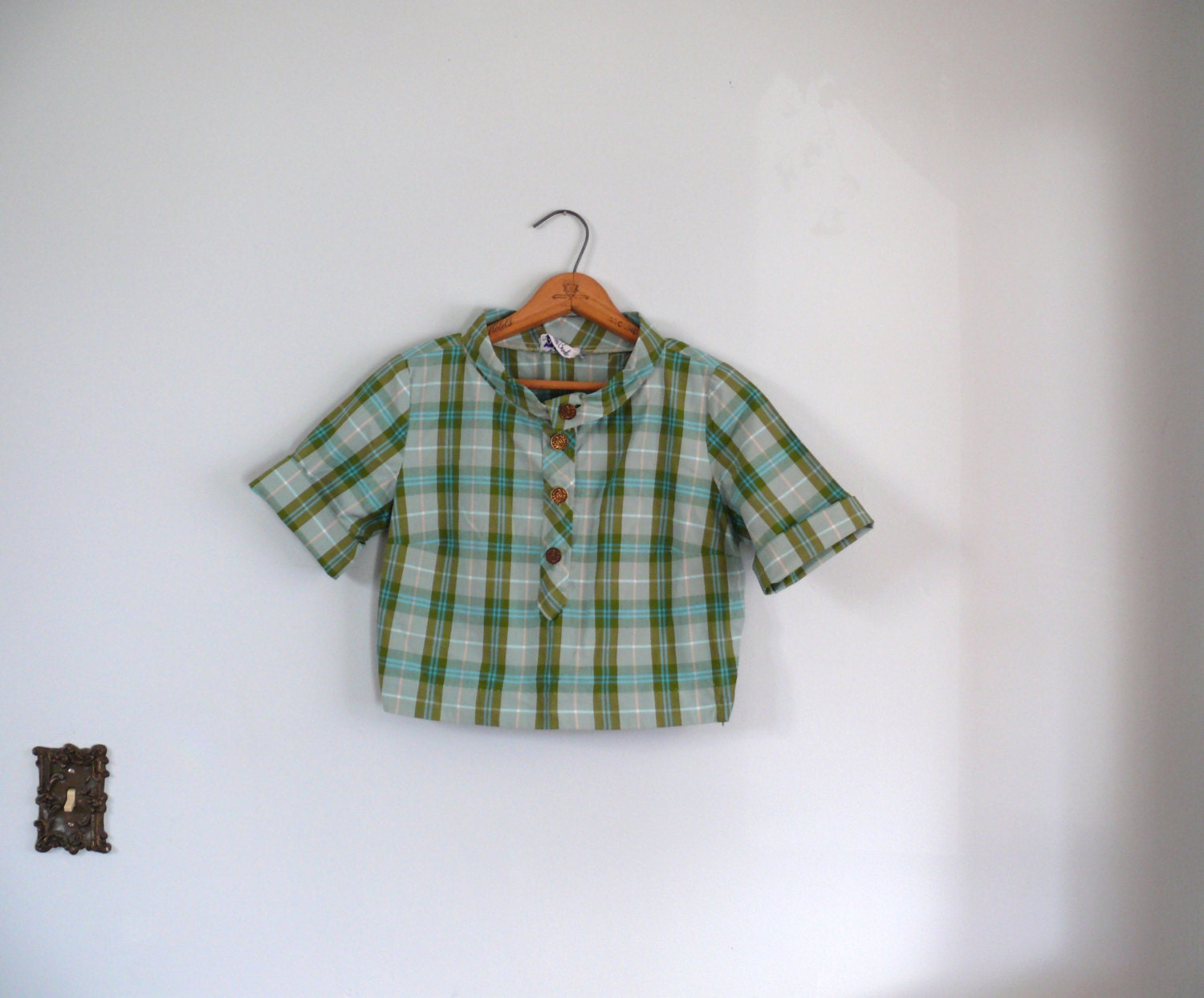 vintage 1960s Blouse  // Plaid Crop Top Aqua Green