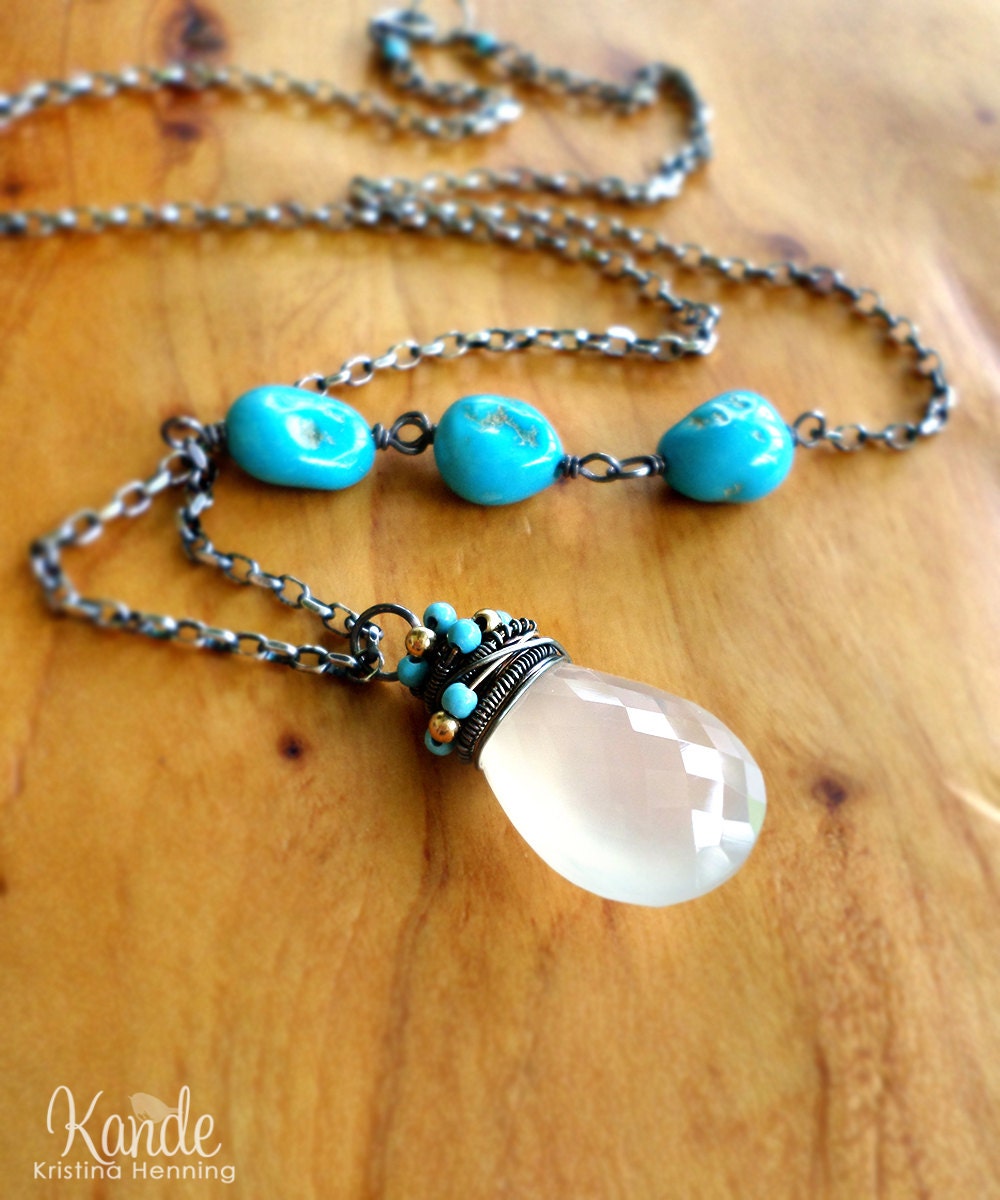 White Chalcedony Turquoise Necklace, Gemstone, Wire Wrapped, Oxidized Silver, Kande Kristina Henning - Arizona