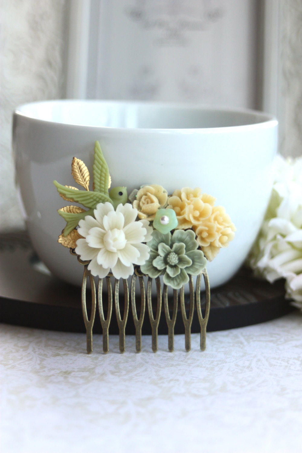 A Soft Off White Flower, Ivory Flower, Green Sakura, Leaf, Vintage Style Collage Hair Comb. Maid Of Honor, Bridesmaids. Ivory White Wedding.