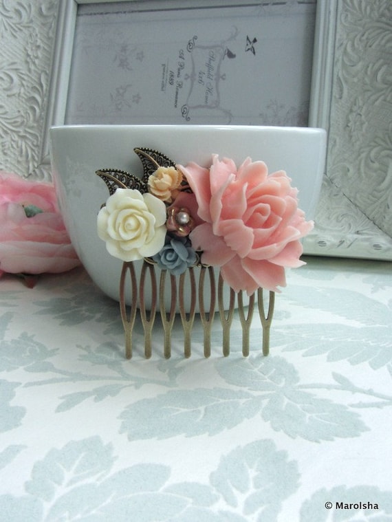 A Large Pink Rose, Ivory Rose Flower Brass Leaf Collage Filigree Hair Comb. Wedding Comb, Bridesmaids Hair Accessory. Pink Themed Wedding.