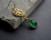 Green Onyx Gold Filigree Earrings - Vermeil Green Onyx Earrings - Green Onyx Earrings - Gold Filigree Earrings