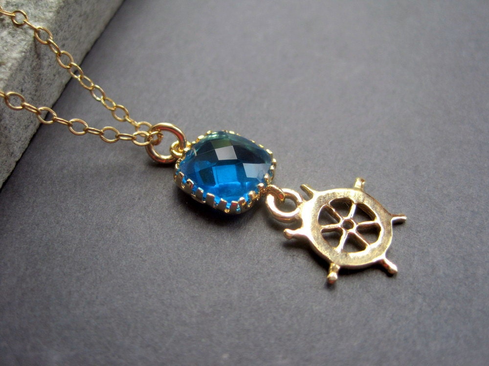 Boat Wheel Gold Necklace - Gold Ship Wheel Necklace - Gold Blue Glass Ship Necklace - Nautical Necklace -