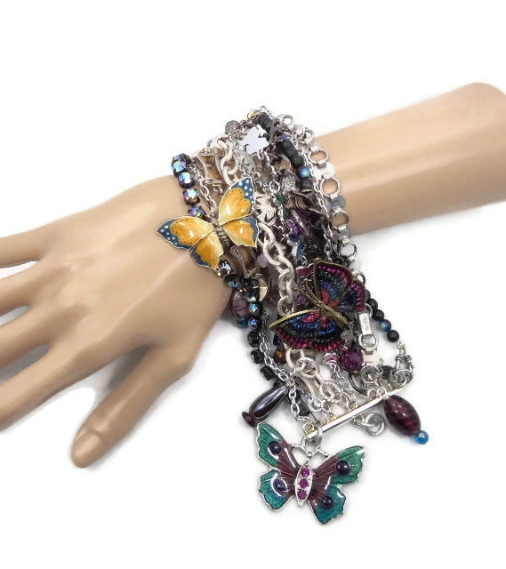 RESERVED - Butterfly Bracelet - Multi-Chain BIG Vintage assemblage - Statement piece - InVintageHeaven