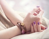 Orchid leather bracelet - Wrap bracelet - Pink and Yellow - Bloom collection by BeautySpot (BT029)