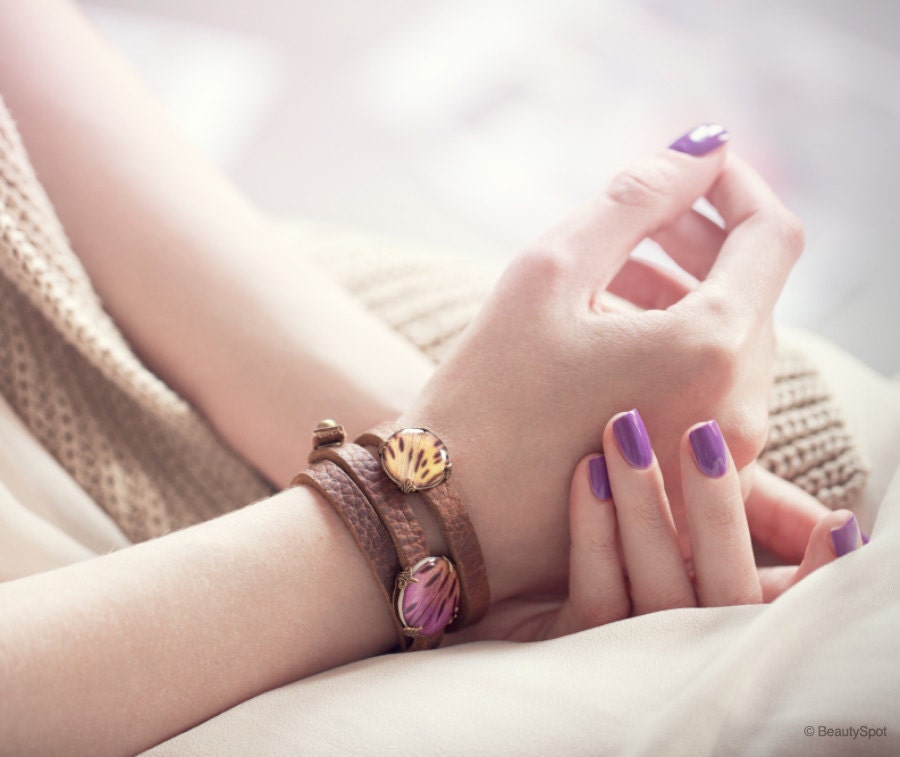 Orchid leather bracelet - Wrap bracelet - Pink and Yellow - Bloom collection by BeautySpot (BT029)
