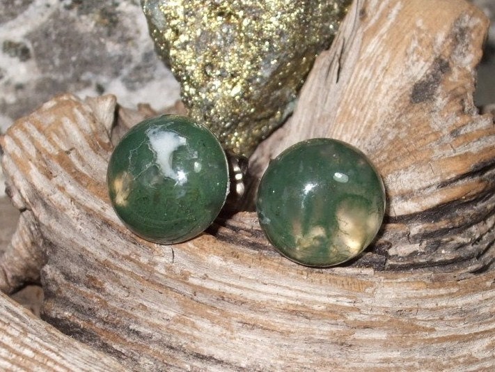 Moss Agate 10mm Studs Stud Earrings Titanium Ear Wires Hypo Allergenic Handmade in Newfoundland Talisman for a Gardener Green