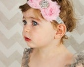 Pink Rhinestone Shabby Flower Elastic Chevron Headband