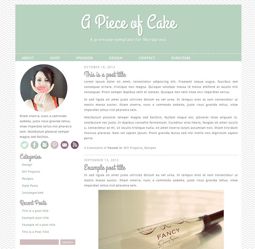 Self-Hosted Wordpress Premade Blog Theme: Piece of Cake - minimalist, chevron, moss, lavender, gray, white, purple, green, icons, template