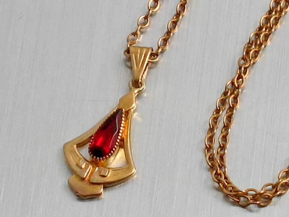 Vintage 1930 Art Nouveau, Deco Lavalier Pendant Necklace, Red Paste, Glass
