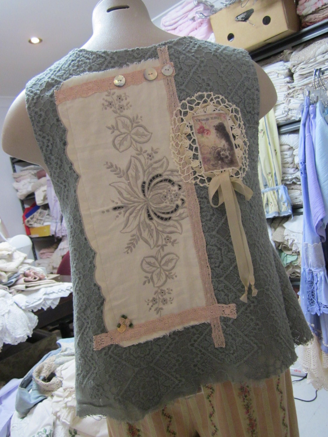 Vintage Kitty.. gorgeous heavy lace, rustic cropped tunic. shabby chic sage green..roses. lace, vintage embroidery.. ooak.. Med/XL