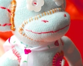 Handmade Sock Monkey Doll Stuffed Animal Toy Powder Blue White Polka Dot Angora SKYE