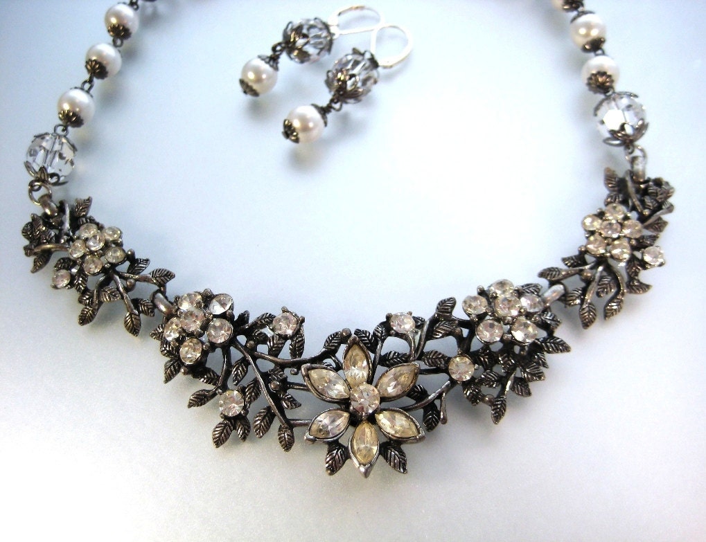 Swarovski White Pearl and Crystal With Vintage Bridal Statement Jewelry Set, zoeJane, Wedding Jewelry, Fantasy Flower Collection