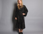 80s GAUZE DRESS / Black Cotton & Metallic Gold Crochet Balloon Slv Midi, xs-m