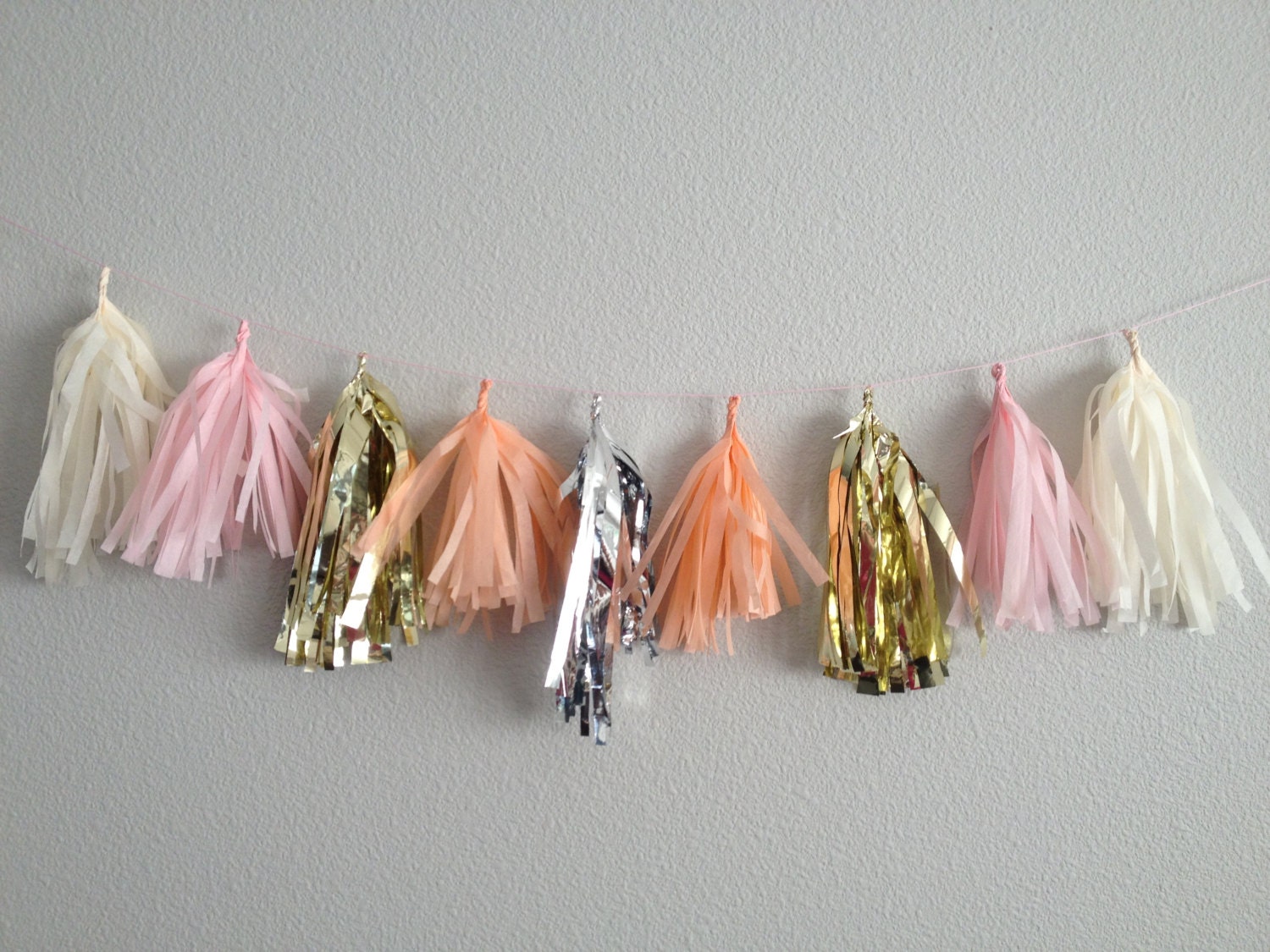 Tasseled Garland - Pink Champagne - Blush Pink Off White Cream Peach Gold Silver Tassels - 9 Tassels - Metallic