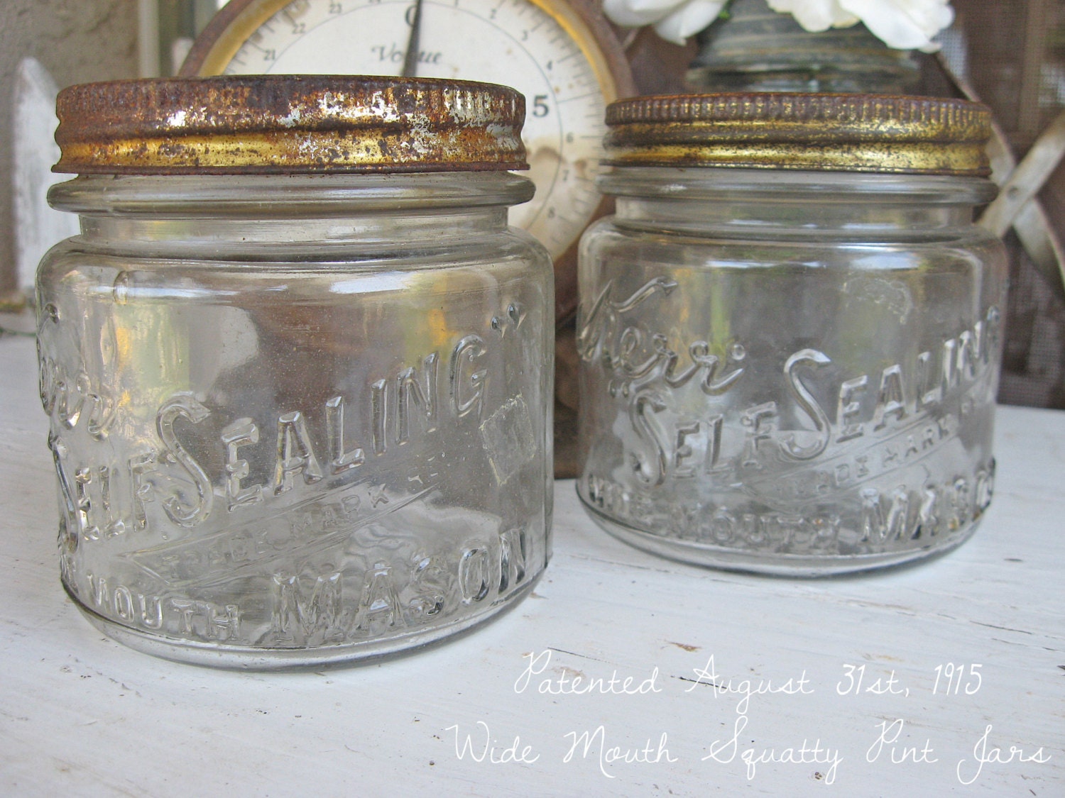 Vintage Kerr " SELF SEALING " Wide Mouth Mason - Jar - Canning - 1915 - Pint - Embossed - Rustic Farmhouse Style Country Cottage Chic