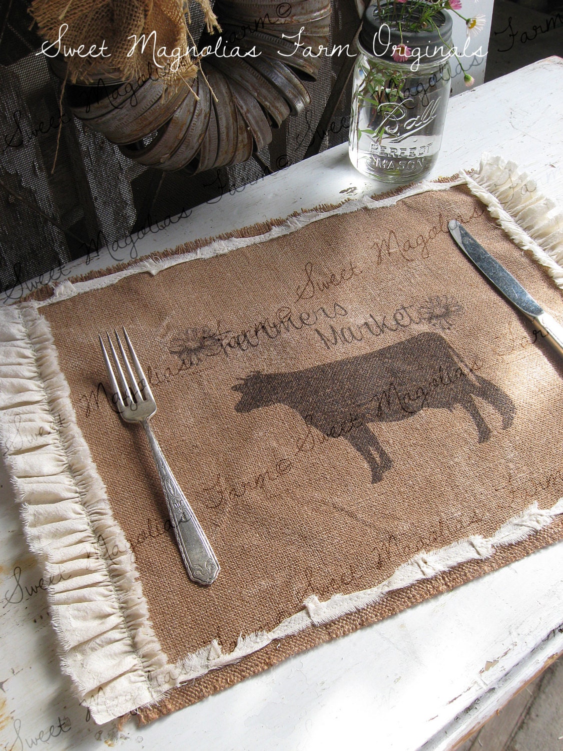 Burlap Table Placemats - Cow - "Farmer's Market" Kitchen  Farmhouse Style Country Shabby Cottage Chic Ruffle Southern Saying
