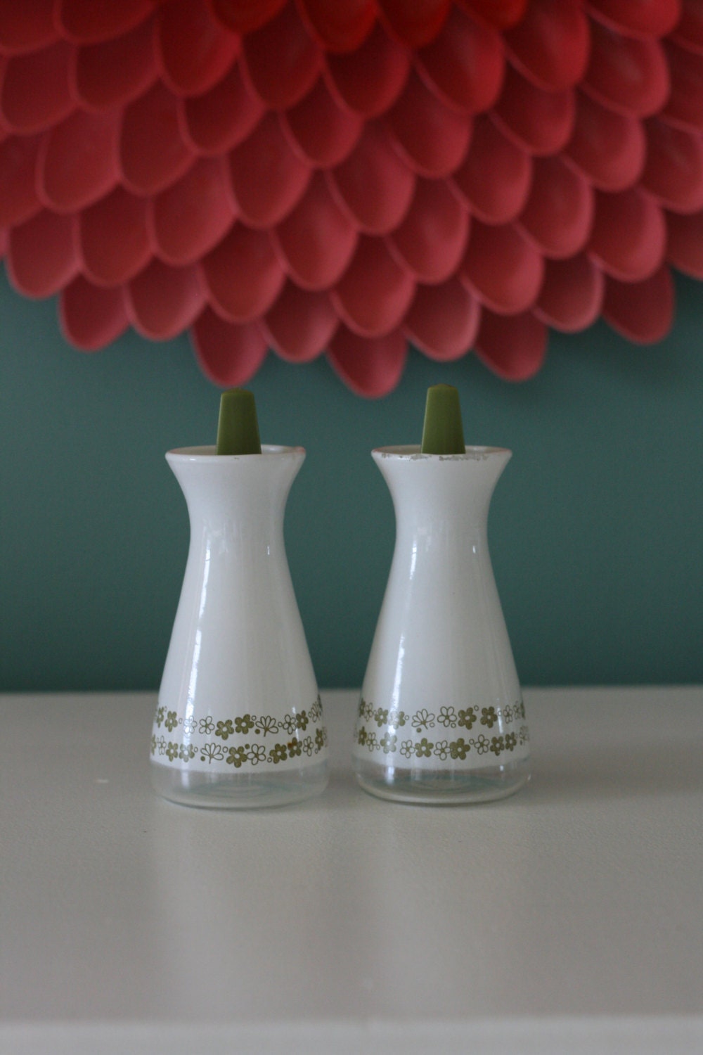 Vintage Pyrex Olive Green and White Floral Salt and Pepper or Oil and Vinegar