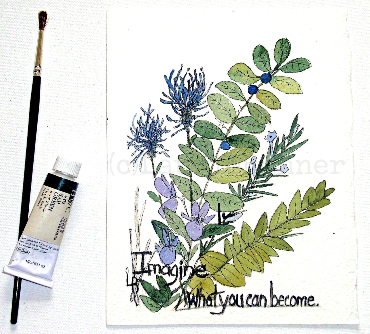 Watercolor Painting Botanical Garden Woodland Flowers Illustration Inspiring Words Saying Artwork by Laurie Rohner