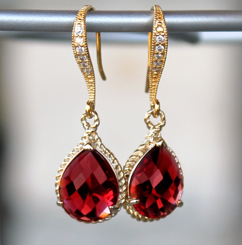 Ruby Red Teardrop Crystals Set in Gold with Crystal Detailed French Earrings