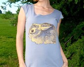 SALE Baby Cottontail Rabbit tshirt  - eco friendly brown and gold screenprint on slate grey cotton scoop neck - sizes L, XL