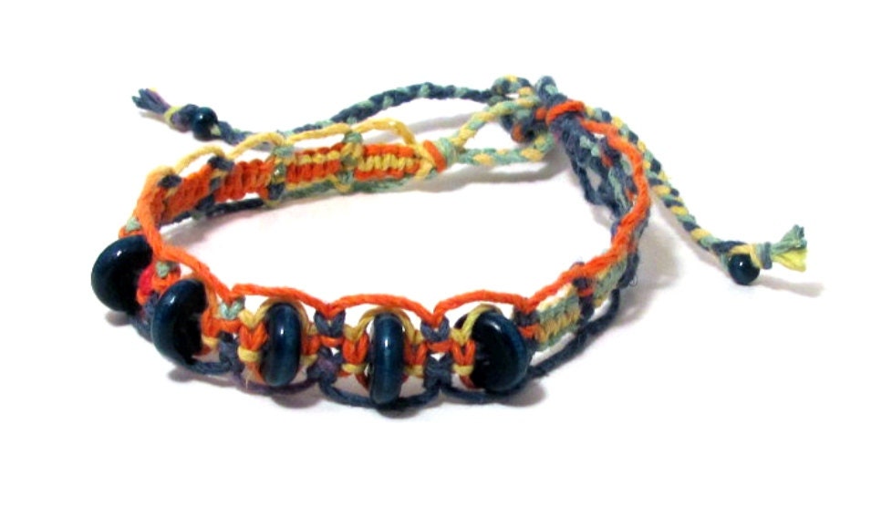 Unisex Rainbow Hemp Anklet with Blue Wood Beads