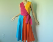 Technicolor Dream Dress- 1990's Color Block, Full Skirt in Multi- Sleeveless Wrap Midi