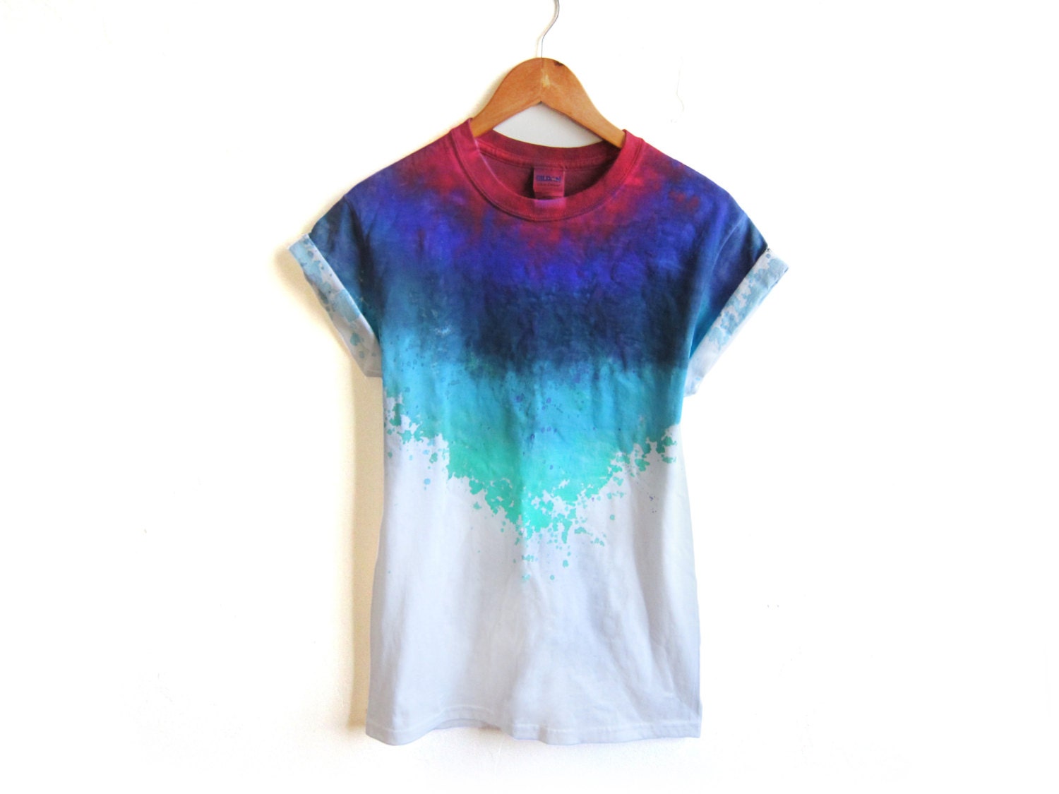 The Original "Splash Dyed" Hand PAINTED Scoop Neck Pinned Rolled Cuffs Tee in White Spectrum Berry Nebula - S M L XL 2XL 3XL