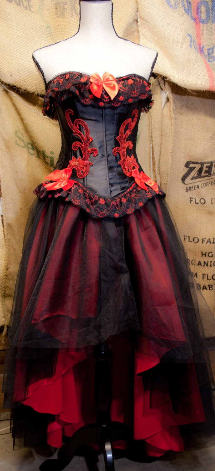 Tulle Gothic Prom Dress, Red and Black tutu skirt and Wedding Burlesque Corset costume Top
