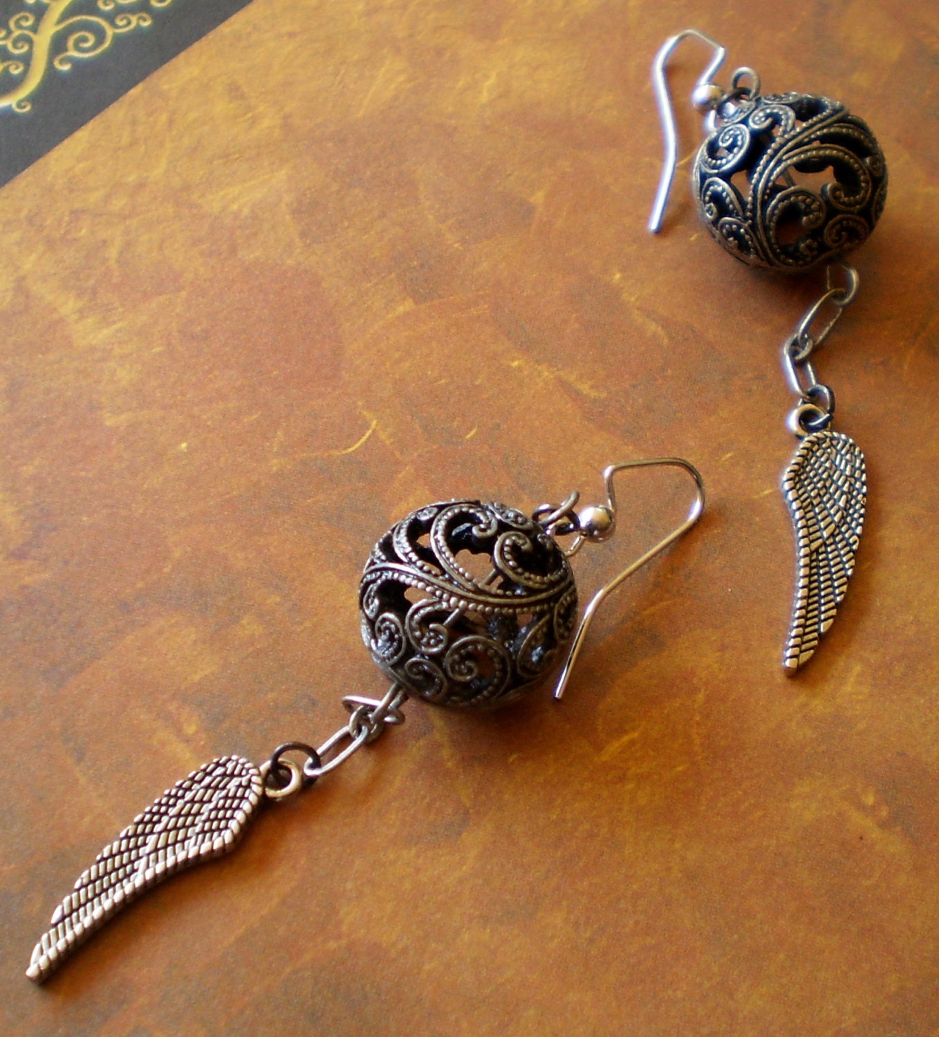 Winged globes Pewter Filigree Dangle Earrings