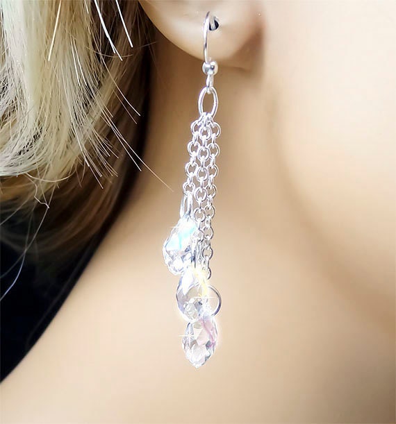 Swarovski Crystal Bridal Earrings, Swarovski Crystal Teardrops and Silver Chain Earrings, Bridesmaid Earrings - Sophia (WE0049)