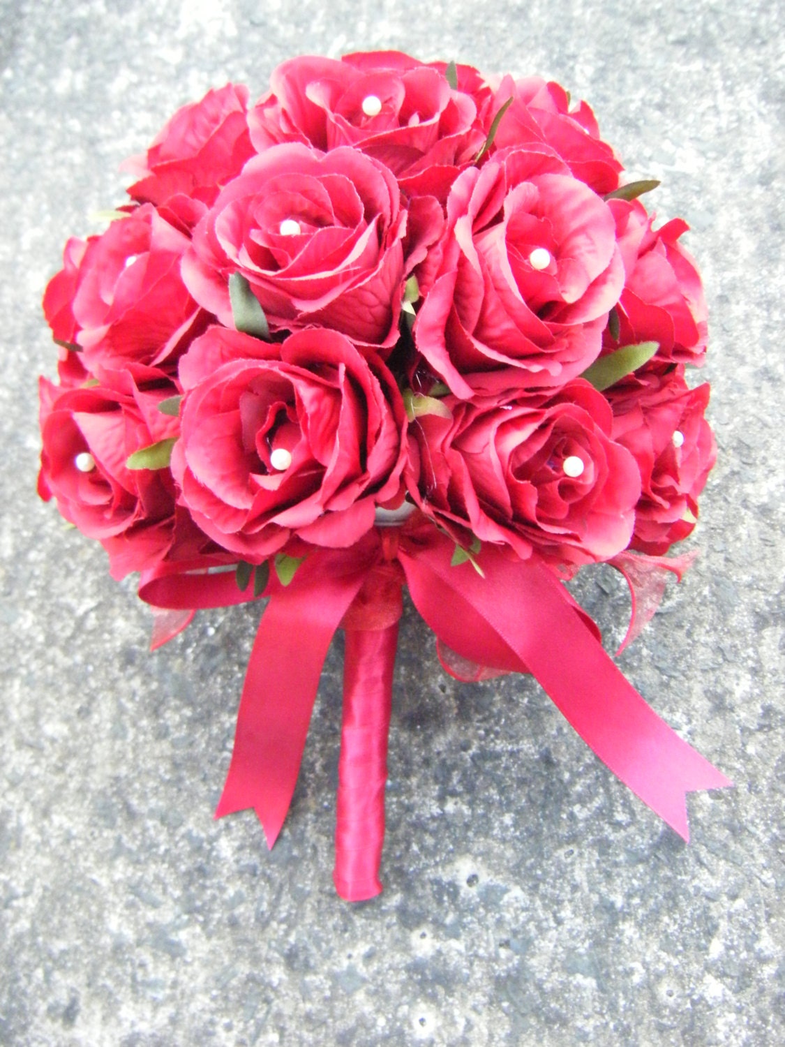 SAMPLE SALE red artificial silk rose bouquet with ivory pearls and red ribbon