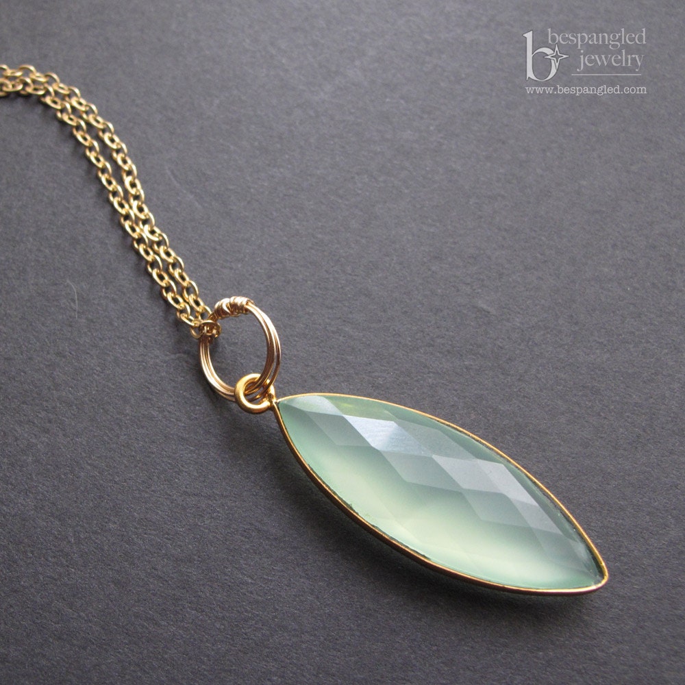 Mint Green Chalcedony Marquis Pendant Necklace in 14k Gold Fill and 24k Gold Vermeil