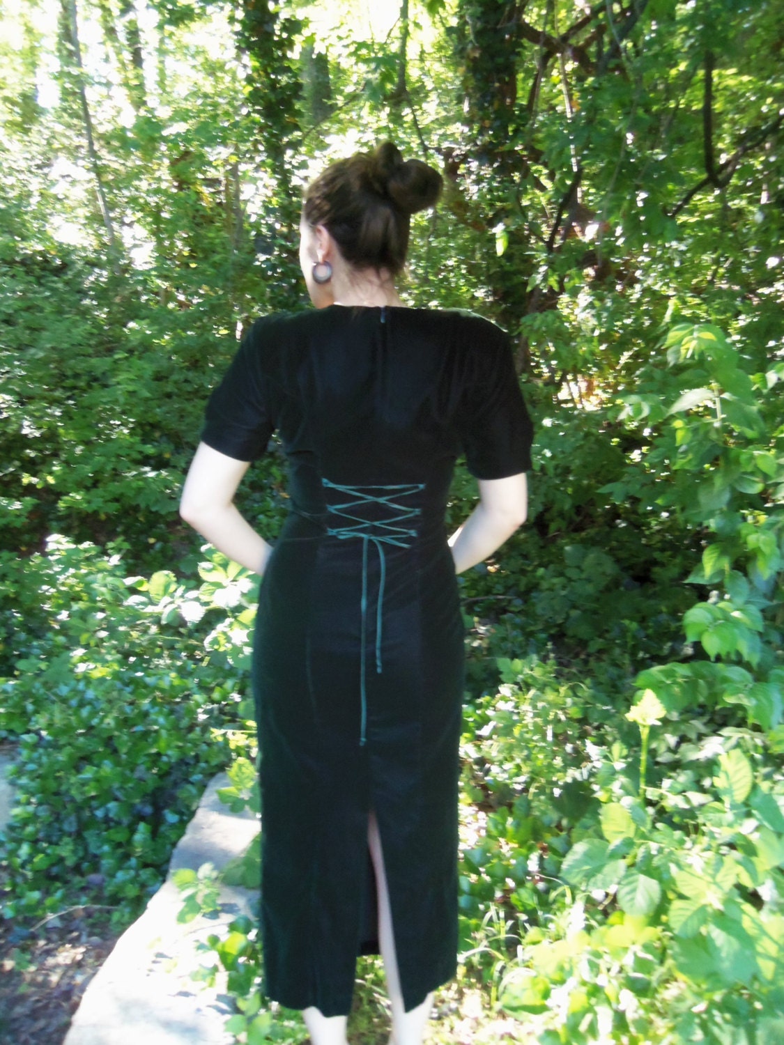 Vintage 80s Velvet Dress Emerald Lace Up