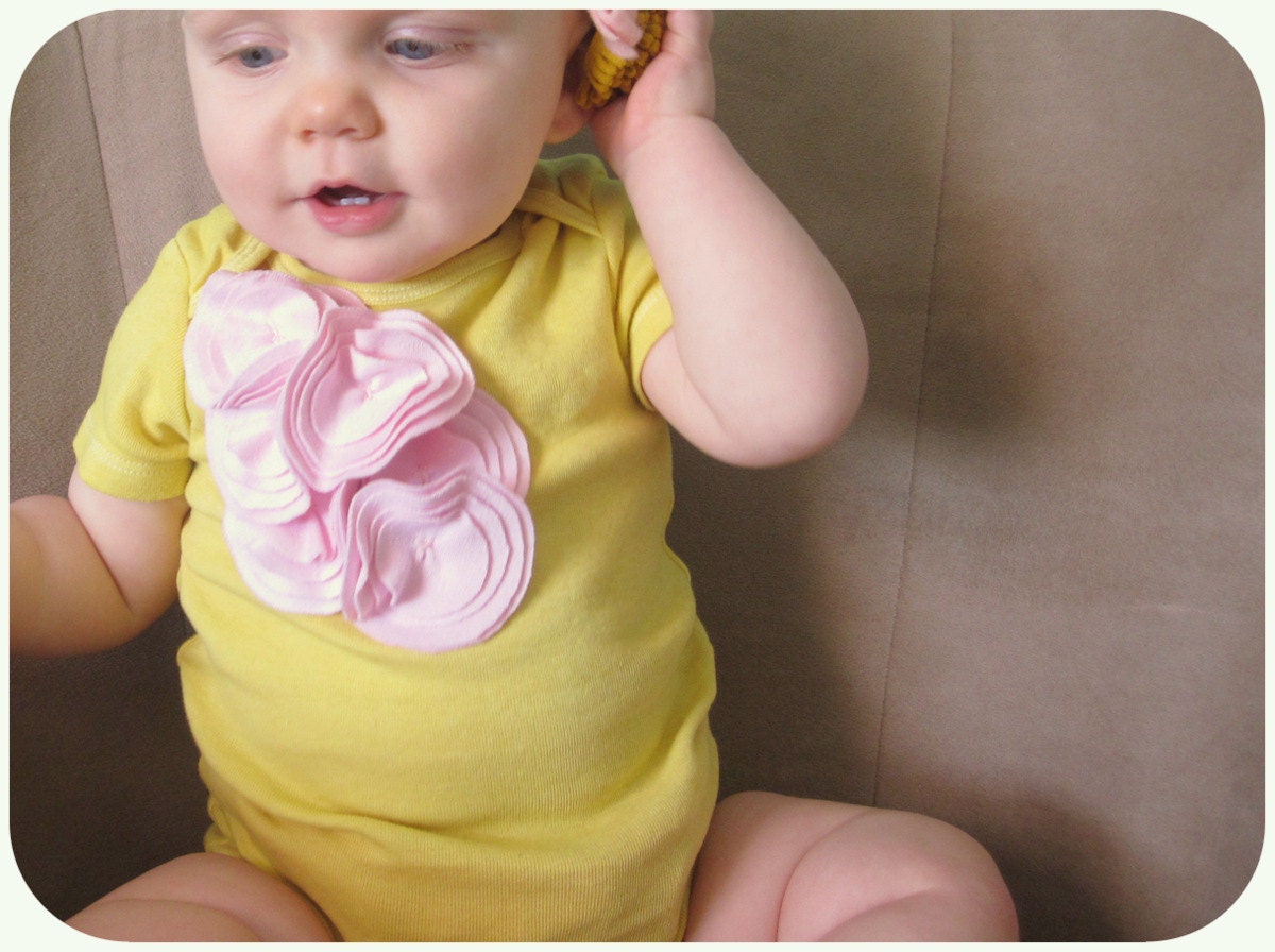 Stylish Baby Girl Bodysuit, Light Pink Flower Cluster On Mustard Yellow, Hand Dyed, 3 6 12 Month