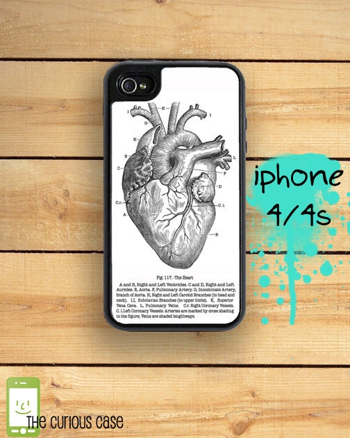 Capsule iPhone 4S / 4 Silicon and Hard Plastic 3 Part Phone Case / anatomical heart medical chart vintage IPhone 4 and IPhone 4S