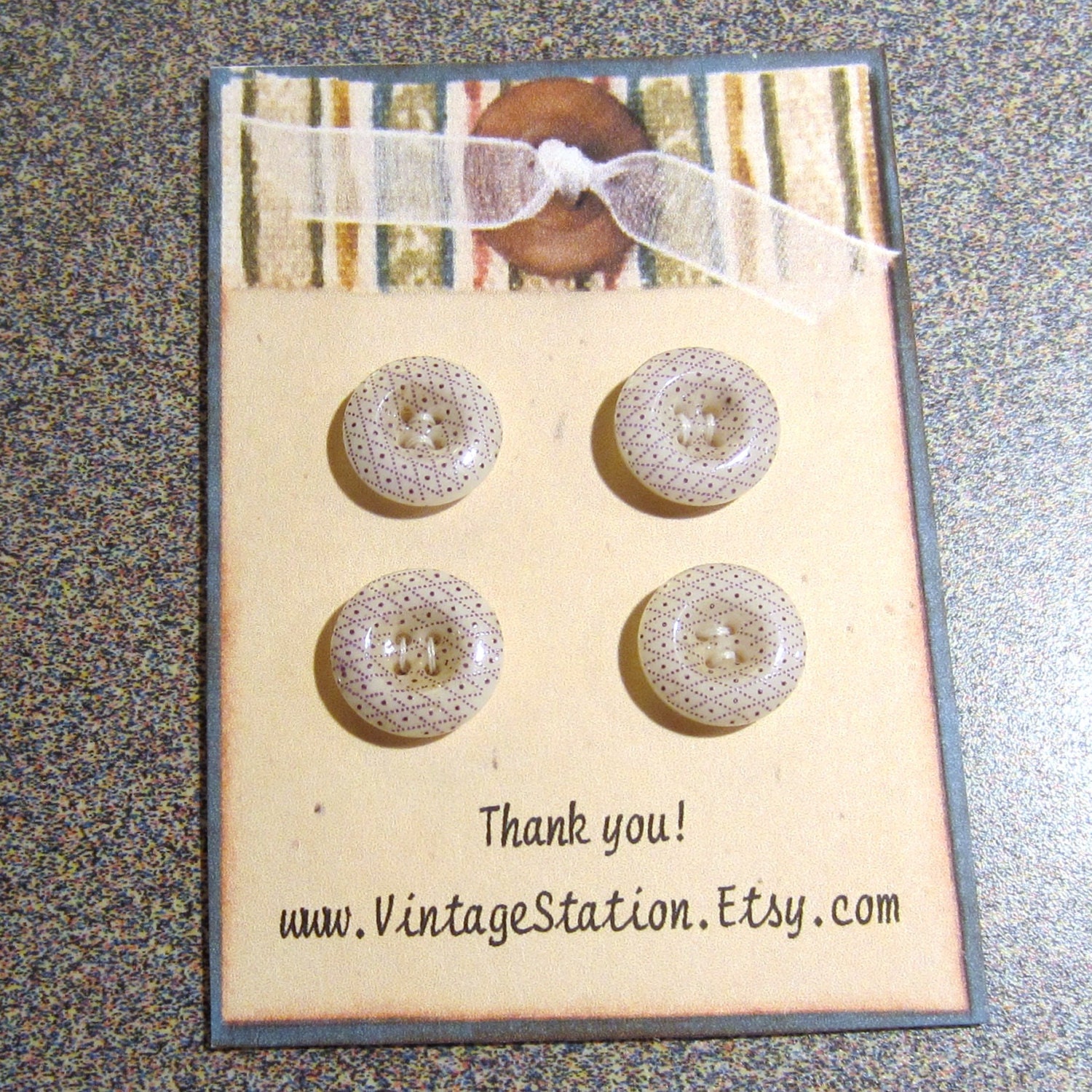 Antique calico buttons - Set of Four - Purple with dots and lines
