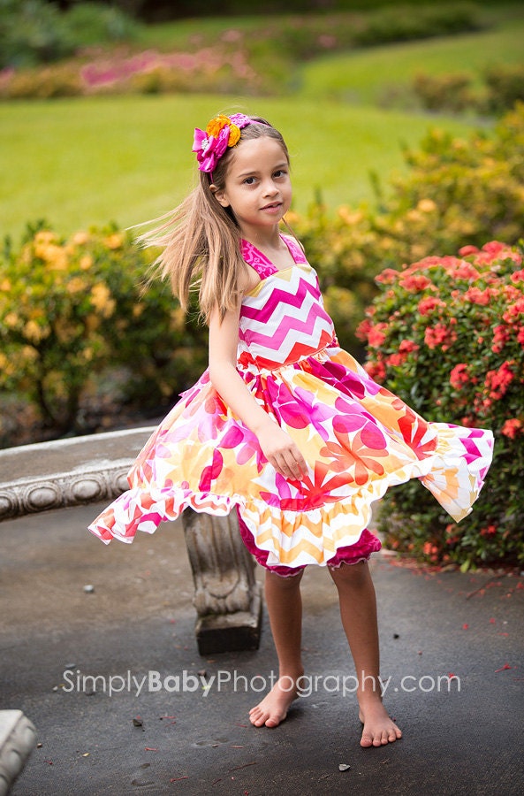 Girl Dress, Tropical Twirl in Pink, many childrens sizes, by SunLoveShirts