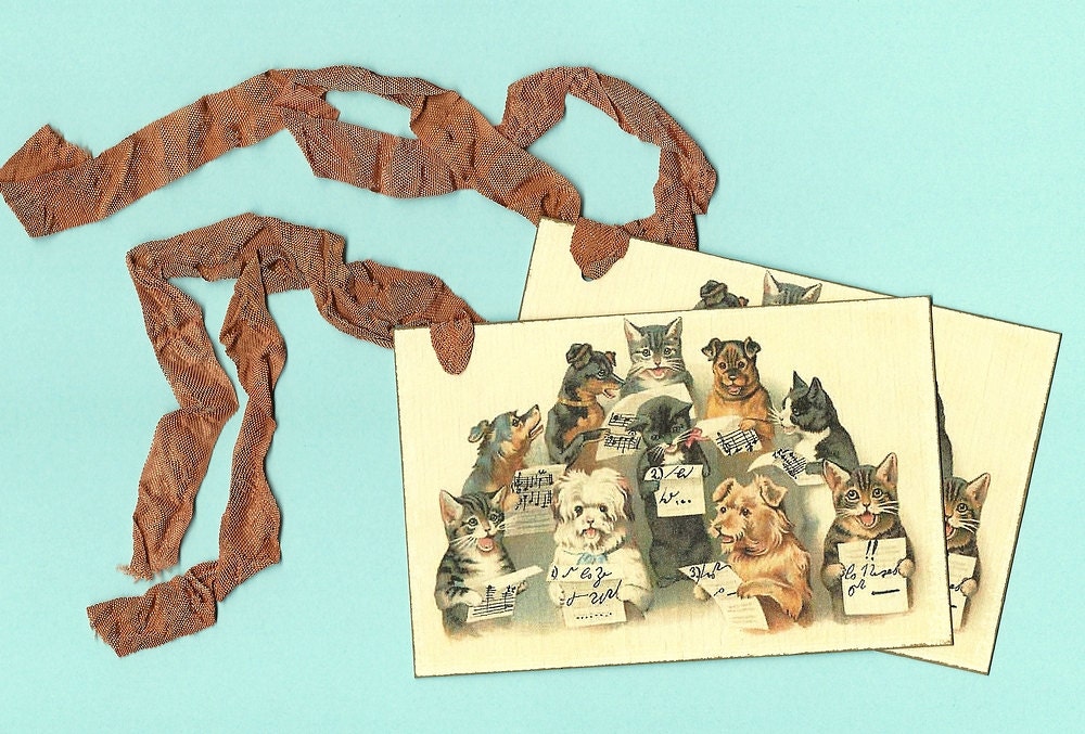 Vintage Style Cats and Dogs Tags, with antiqued copper-colored seam binding - oversized tags