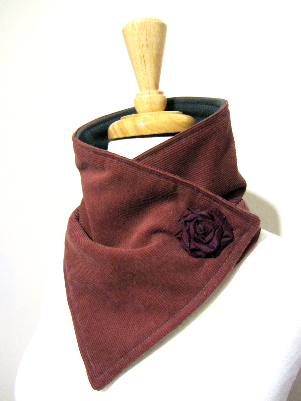 Upcycled Reconstructed Neck Warmer Scarf in Terracotta with Wine Rosette