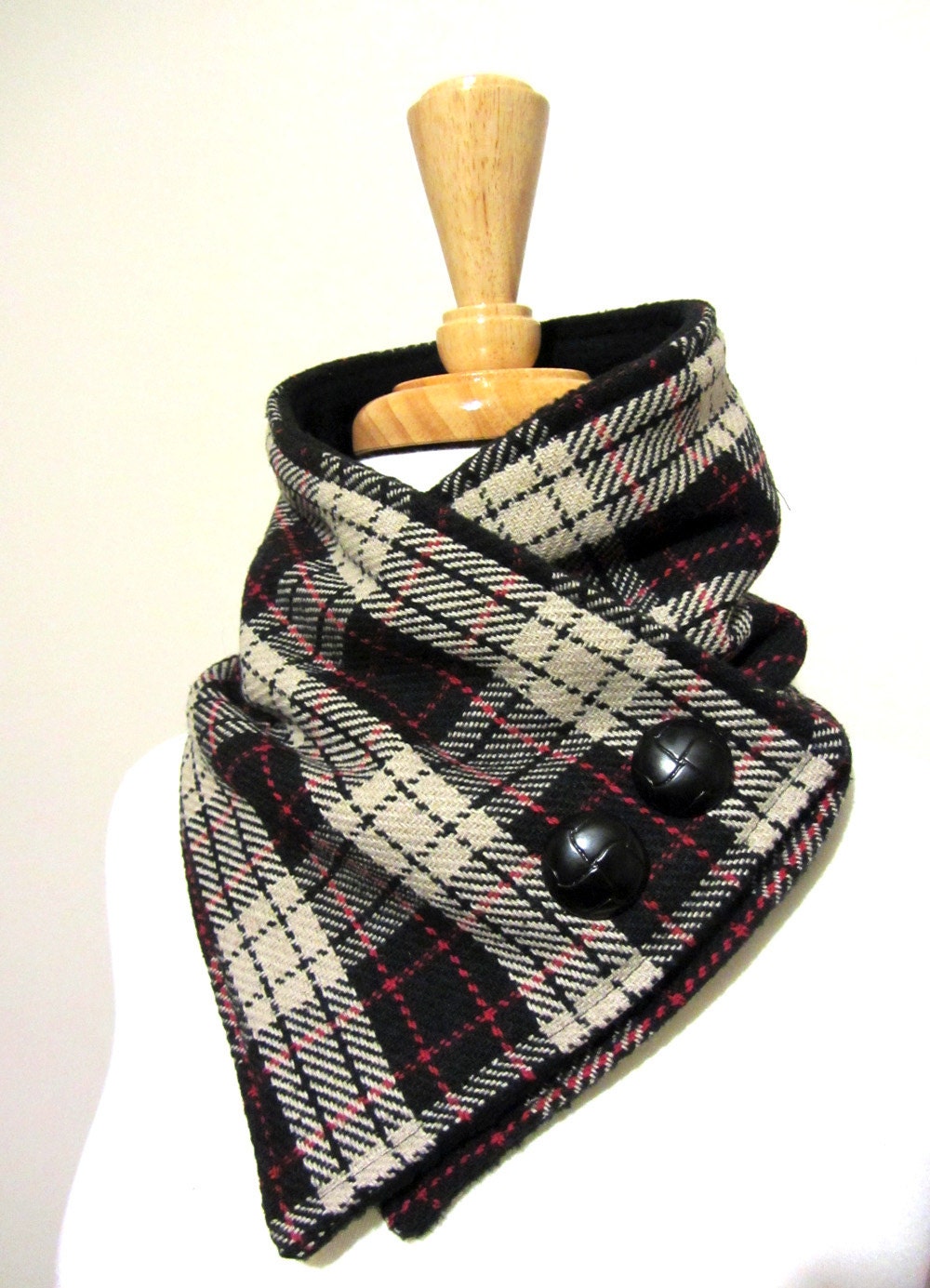 Plaid Neck Warmer Scarf in Black, Taupe, and Red with Black Buttons