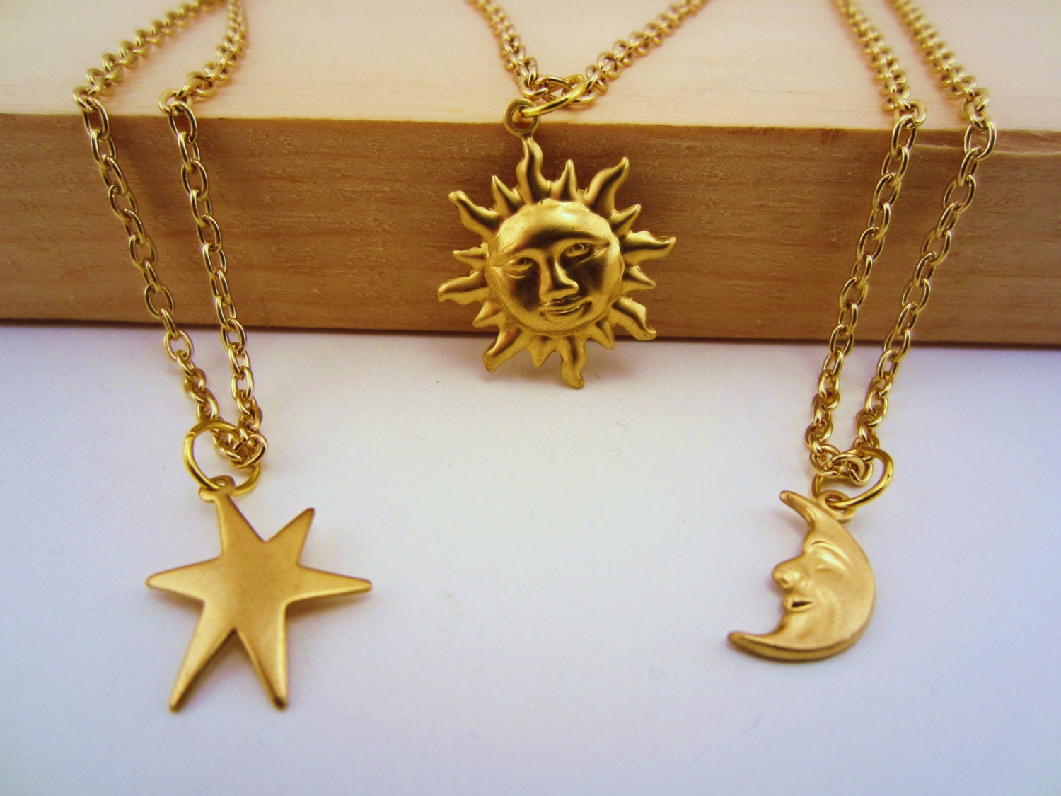 Sun, moon, stars best friend set. Set of three friendship necklaces. Gold charm jewelry. Gift for friend, celestial jewelry.