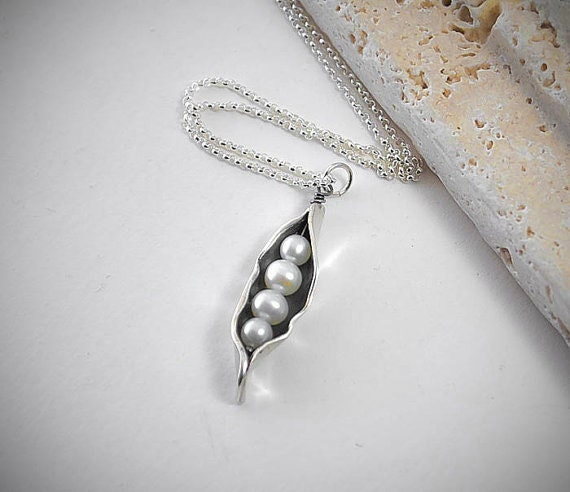 Four Pearl Pea Pod Necklace - Silver Pea Pod Mother's Necklace - Mom's Pearl Peas in a Pod Pendant