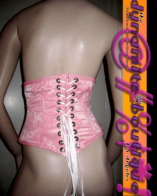 Flocked Satin Paisley Pink Corset Cincher 25in Waist Zip Front Laced Bk Boned Burlesque Beauty