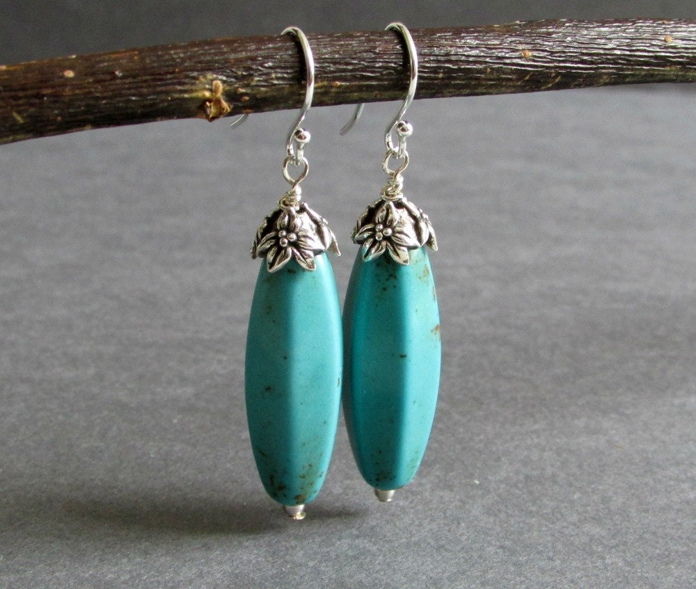 Deep Turquoise Magnesite Earrings / Gemstone Dangle Earrings / Teal Blue Green Stone and Sterling Silver Earrings - Renew